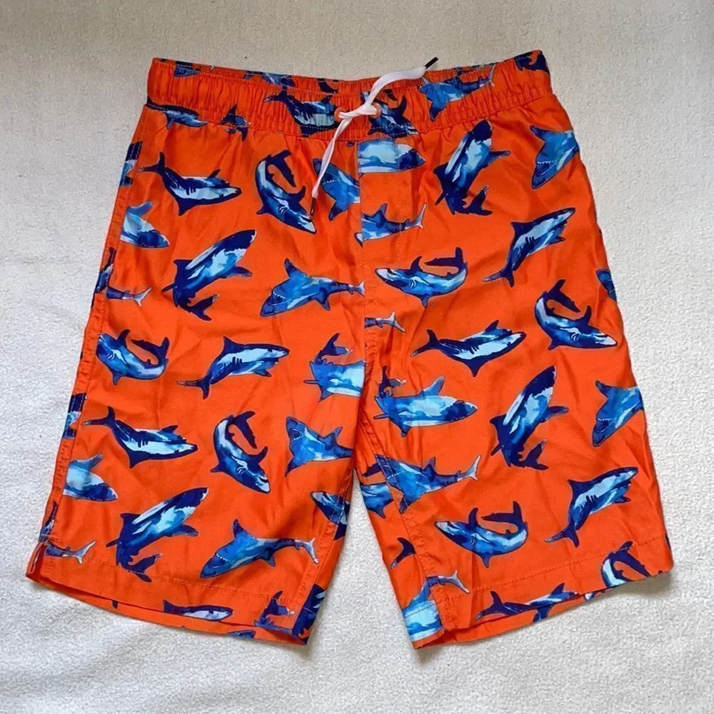 Lands’ End Boys Orange Swim Trunks w/Blue Dolphins & Elastic Waist (Size: Boys M